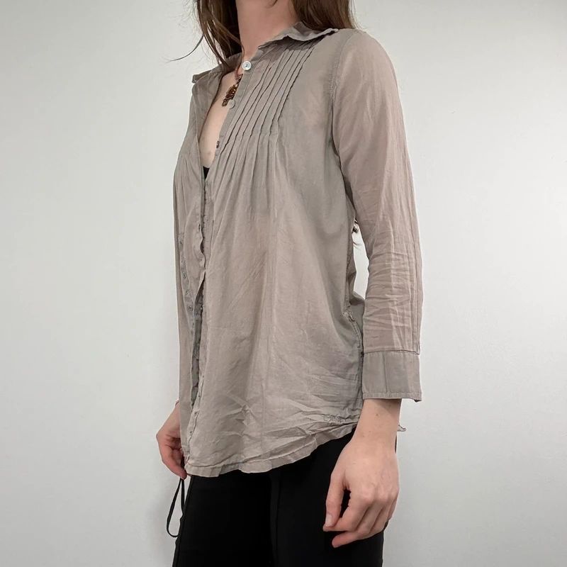 brown pleated flared patchwork button shirt