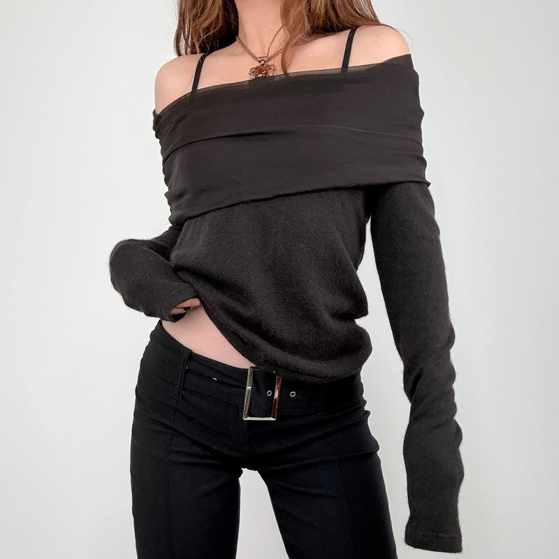 brown angora knitted off the shoulder jumper