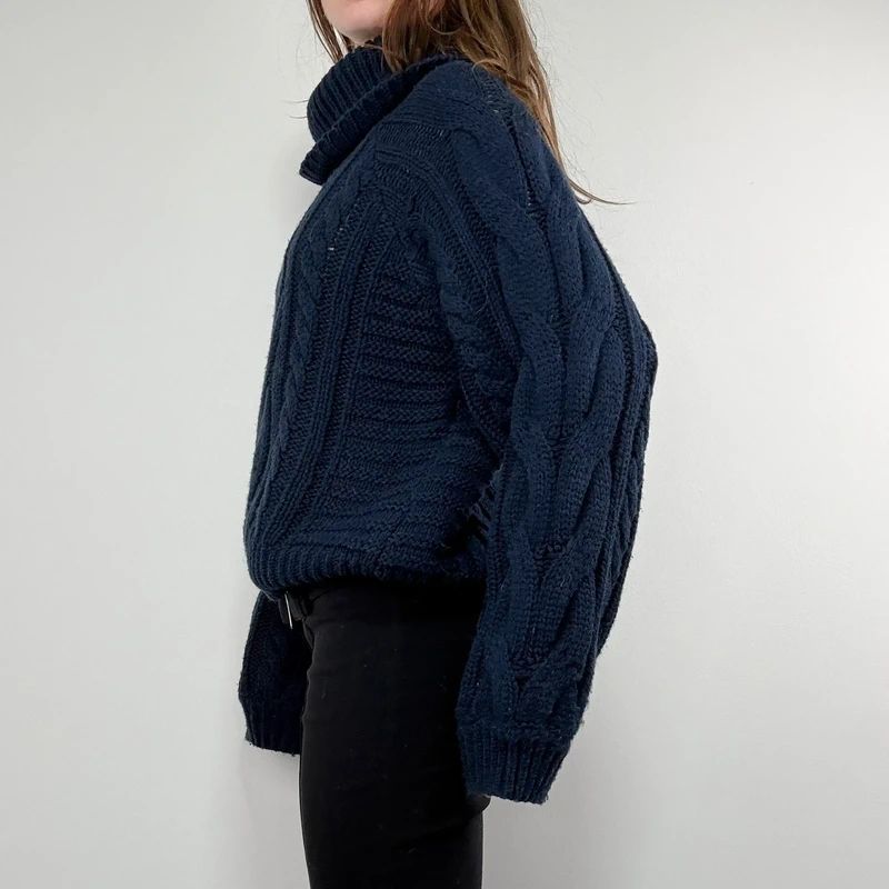 navy chunky cable knit turtle neck jumper