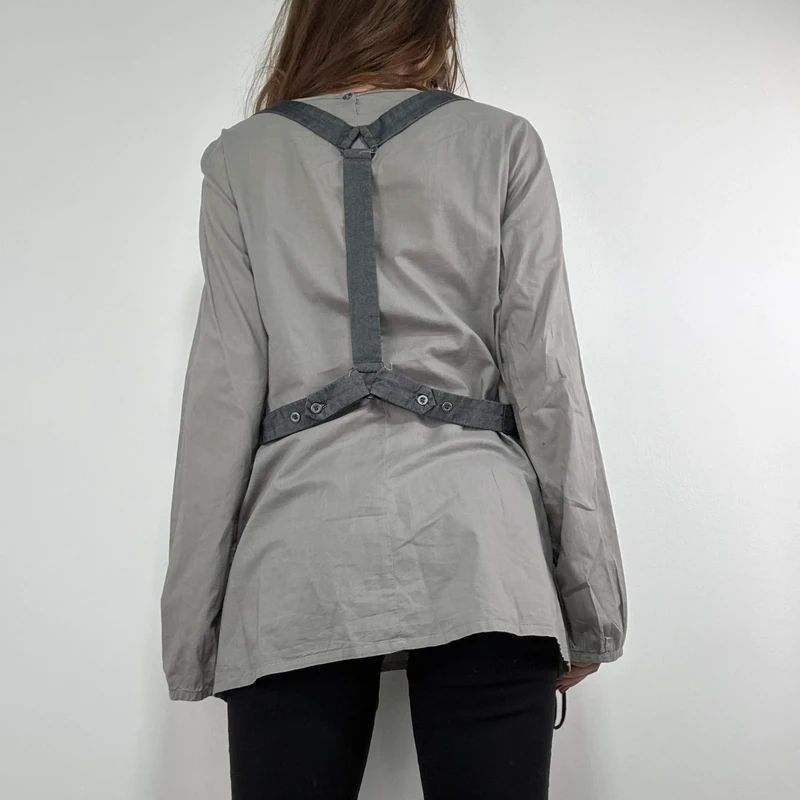 utility khaki pleated blouse with harness braces