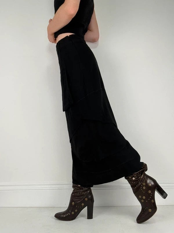 Black layered french flared asymmetric maxi skirt