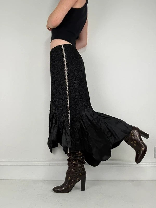 Black crinkle pleated cinched ruffle maxi skirt