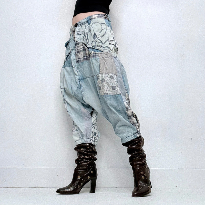 archival grunge patchwork denim puff trousers