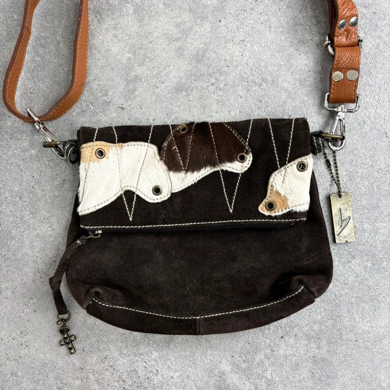 brown suede cowhide leather patchwork bag