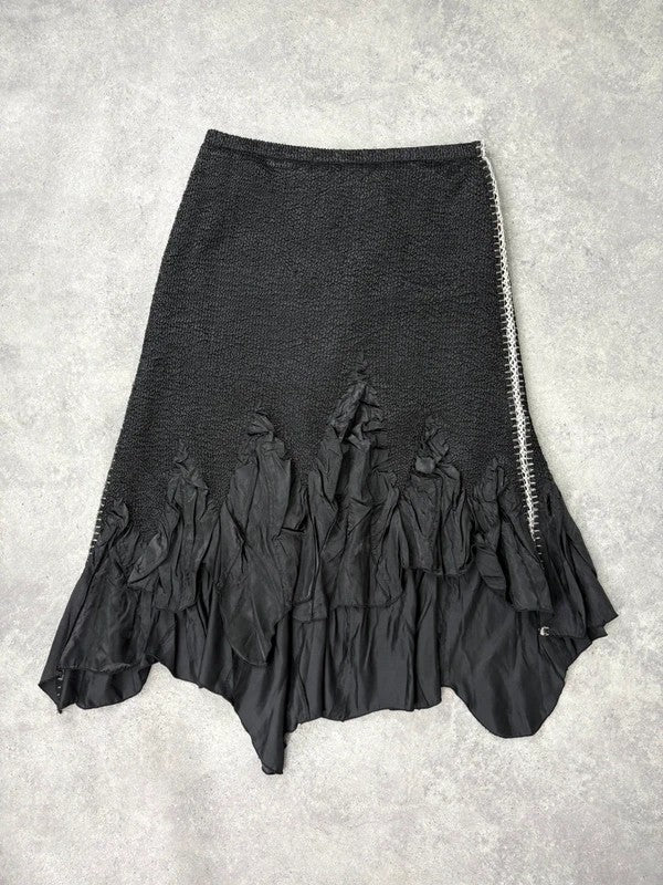Black crinkle pleated cinched ruffle maxi skirt