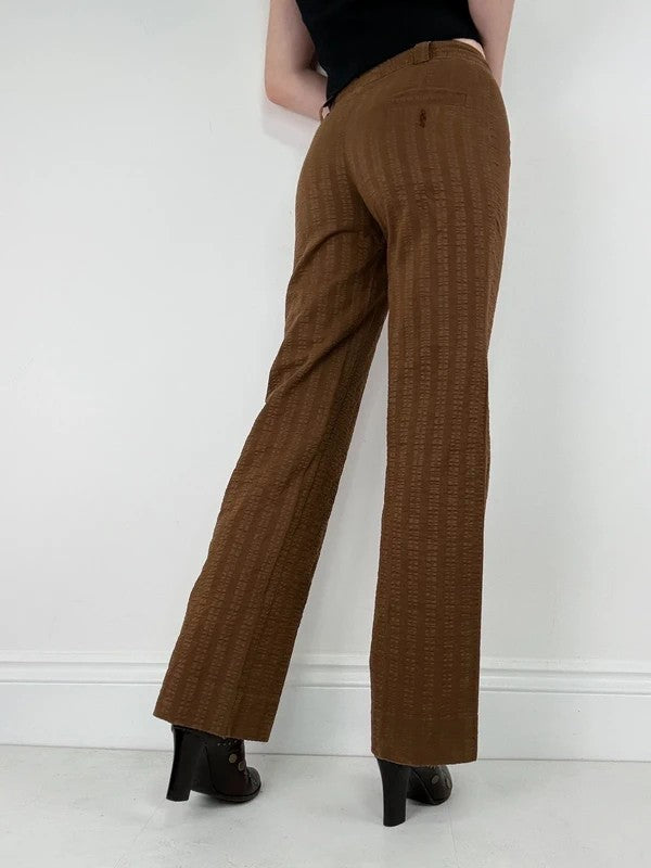 brown pinstripe wide-leg textured flare trousers