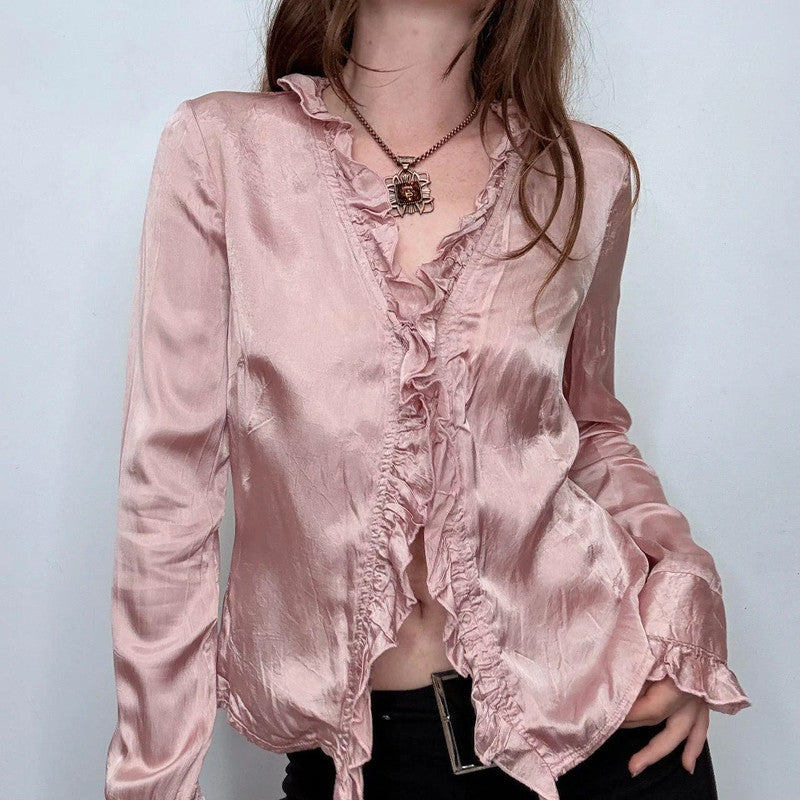 pink silky flutter flared shirt