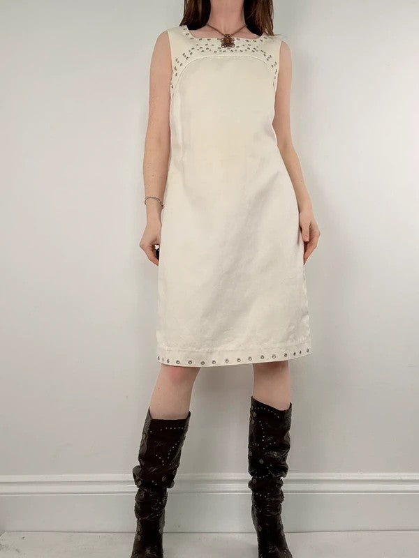 cream cotton linen a-line studded midi dress