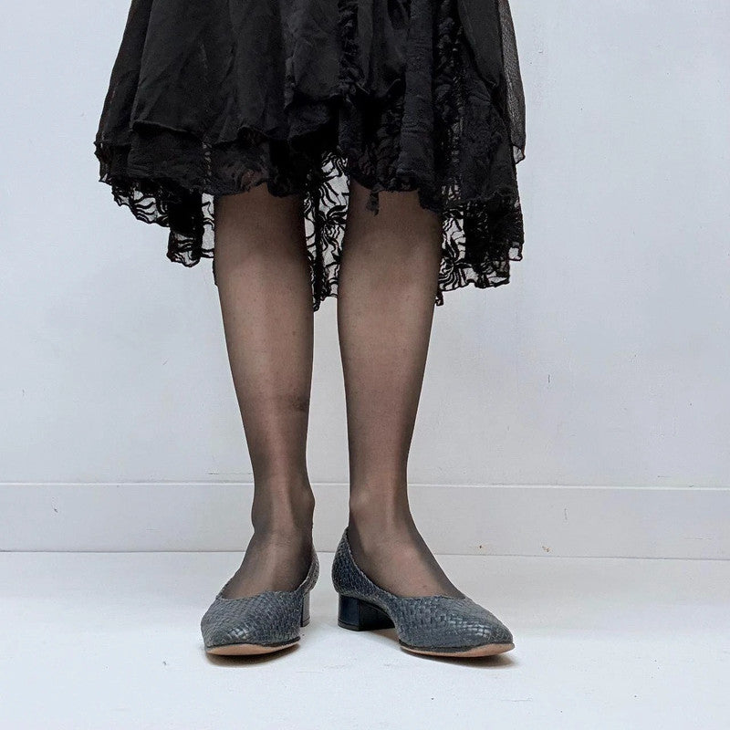 navy woven leather heel ballet pumps