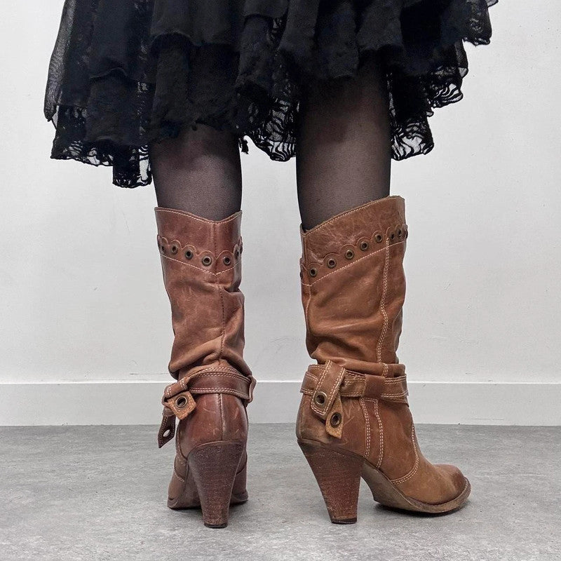 tan leather slouchy studded boots