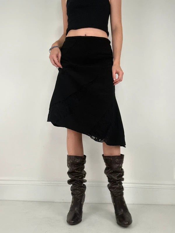 black asymmetric lace panelled midi skirt