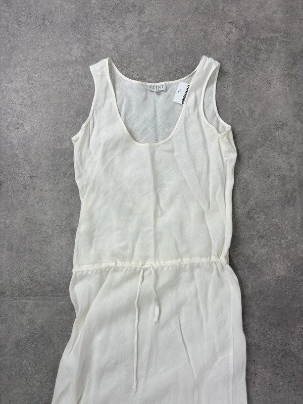 white linen bias cut drop waist maxi dress
