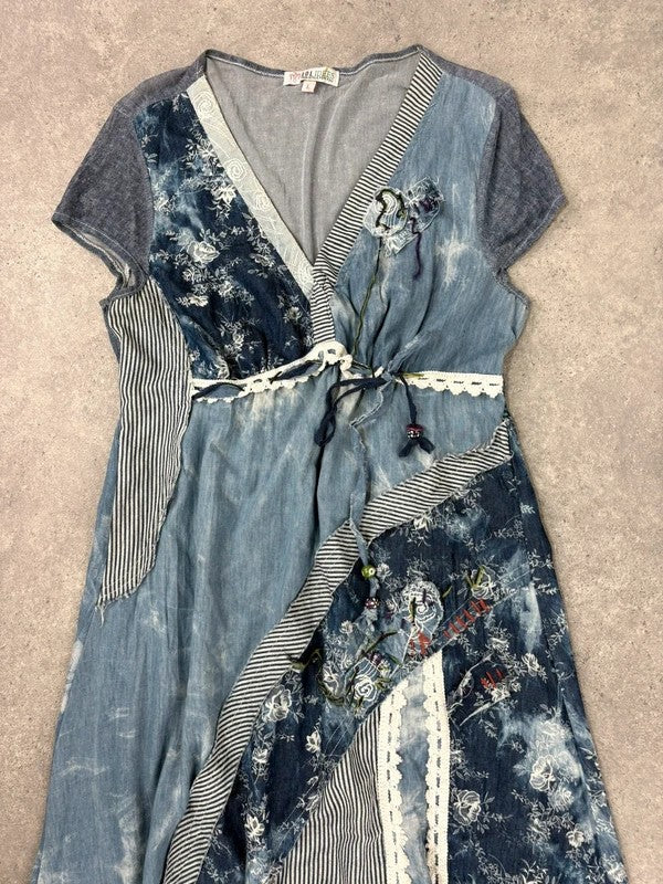Floral lace blue flared patchwork midi dress