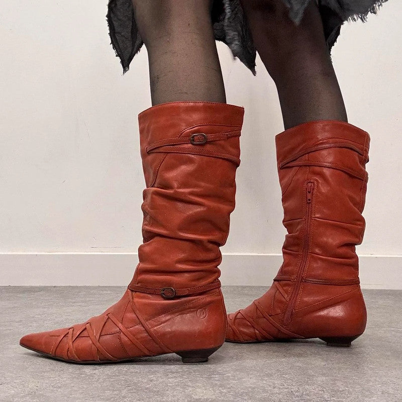 orange leather pointed pixie boots
