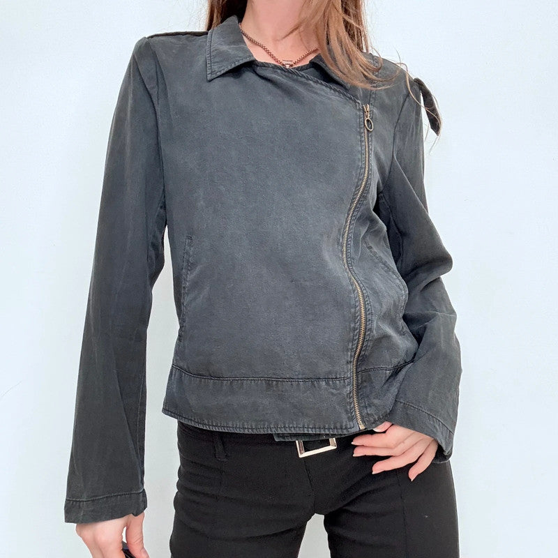 distressed black draped asymmetric jacket