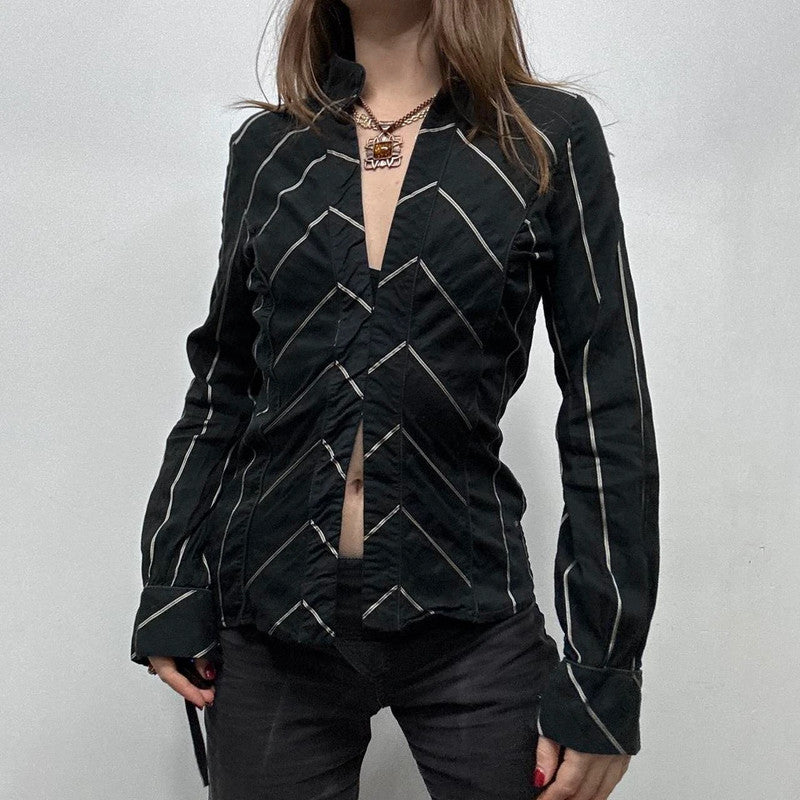 black flared pinstripe office shirt