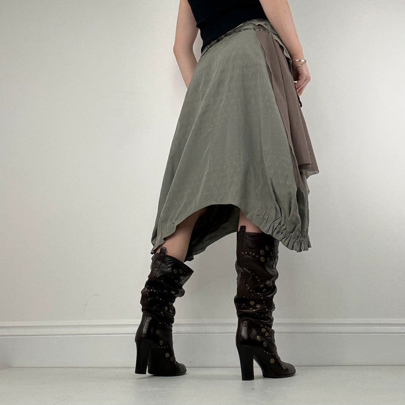 asymmetric gathered puff pleated khaki midi skirt