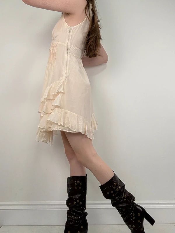 cream layered ruffle cotton silk summer mini dress
