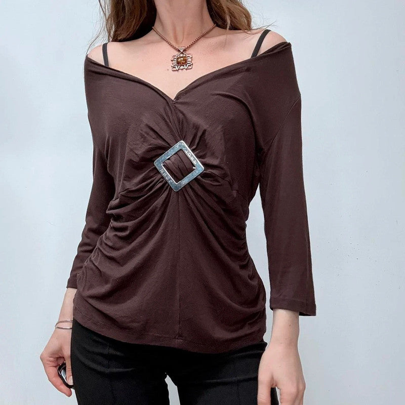 brown draped slouchy off the shoulder top