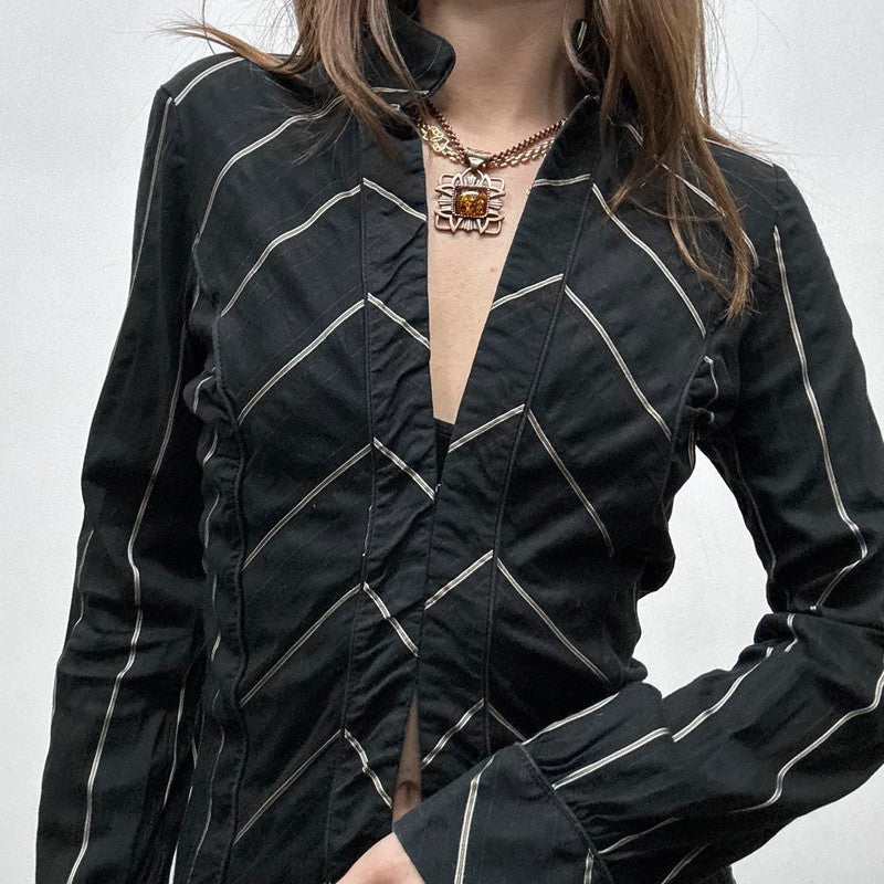 black flared pinstripe office shirt