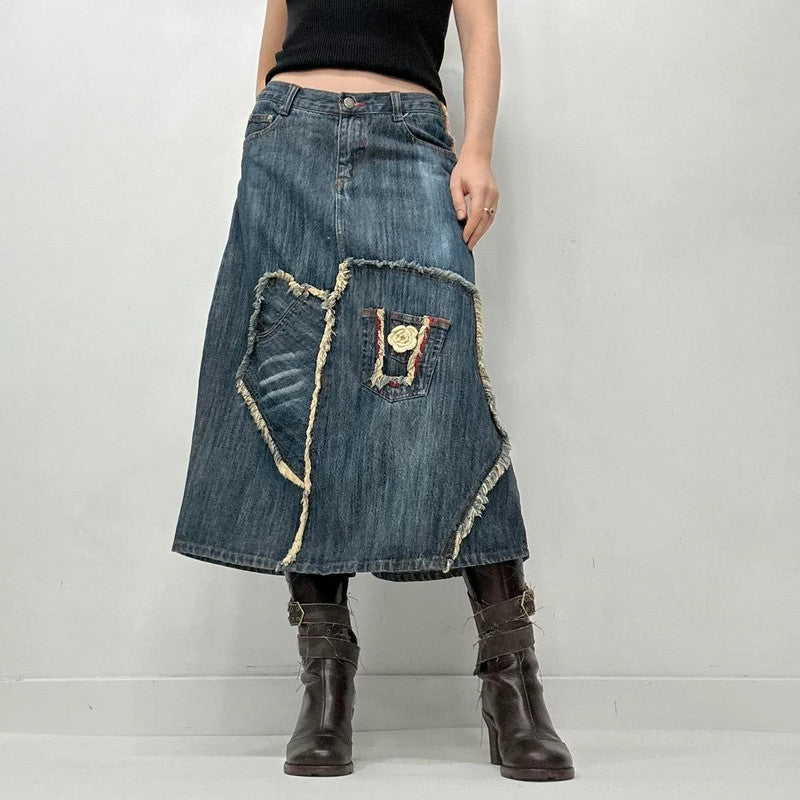 Contrast denim distressed crochet skirt