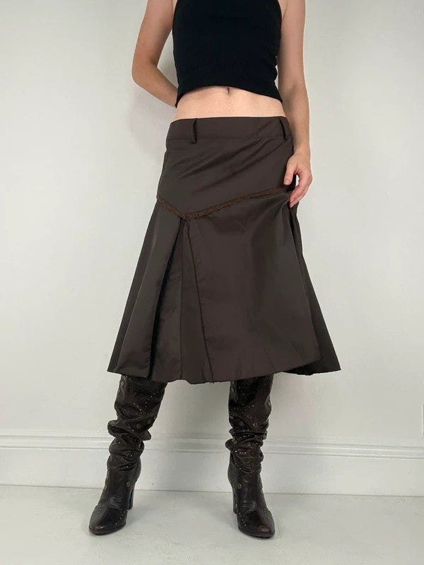 brown asymmetric waistband flared midi skirt