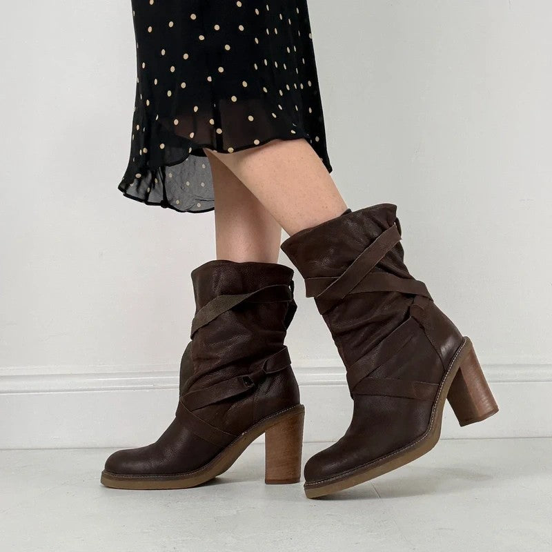 Chunky brown leather wrap around boots