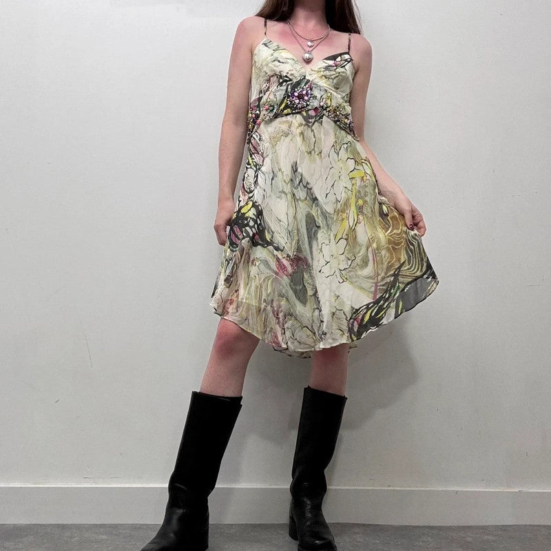 abstract floral bias midi dress