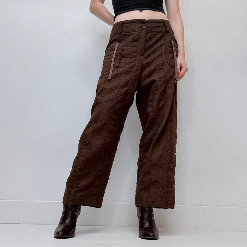 brown checked textured wide-leg utility pants