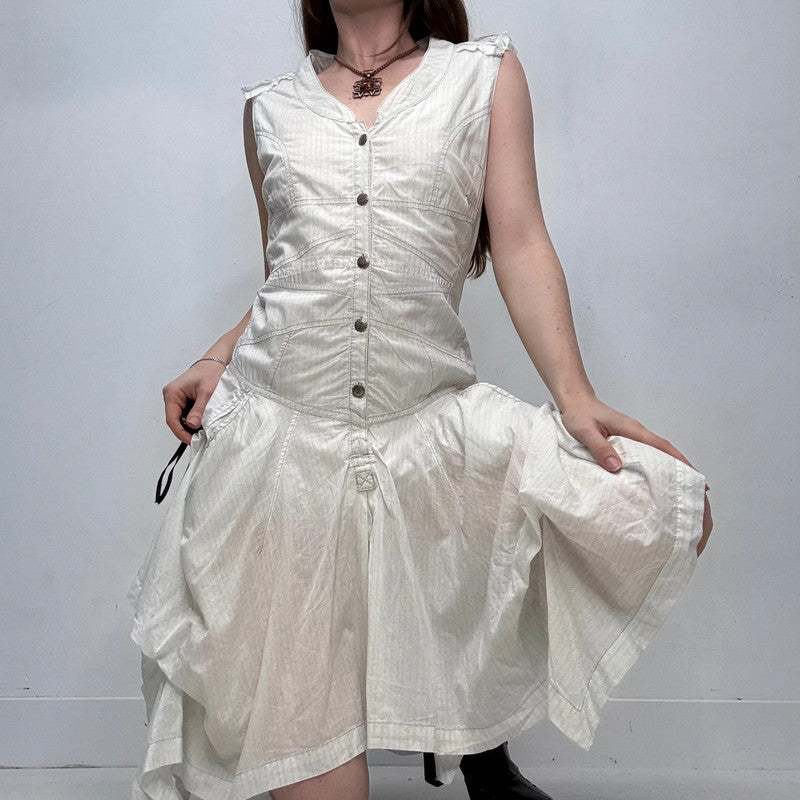 white pinstripe draped ruffle dress