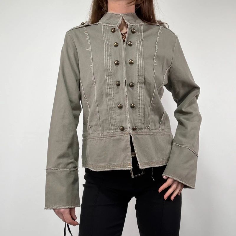 khaki military cotton utility jacket with hook and eyes