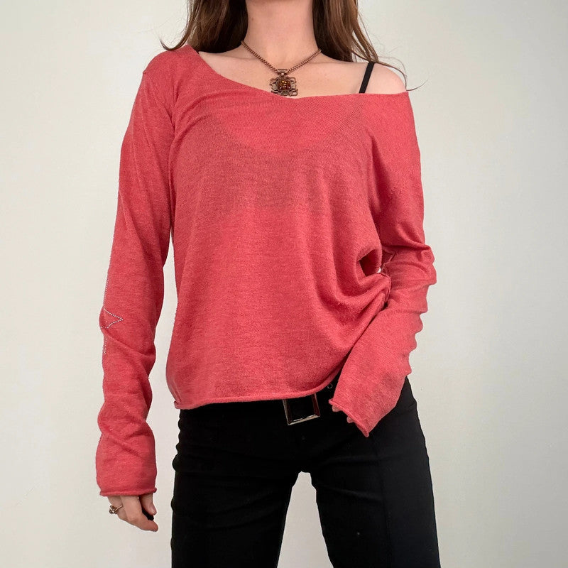 pink slouchy knit off the shoulder jumper