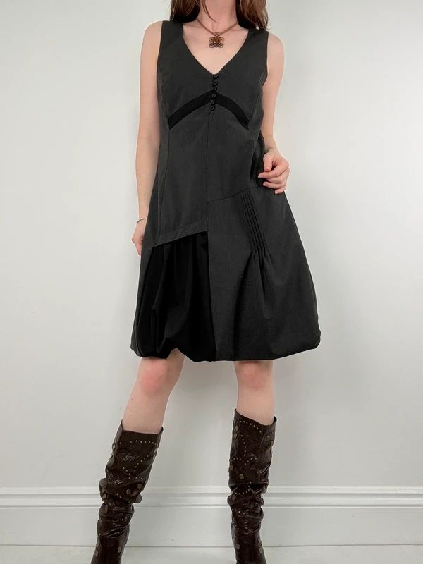 black deconstructed flared midi dress