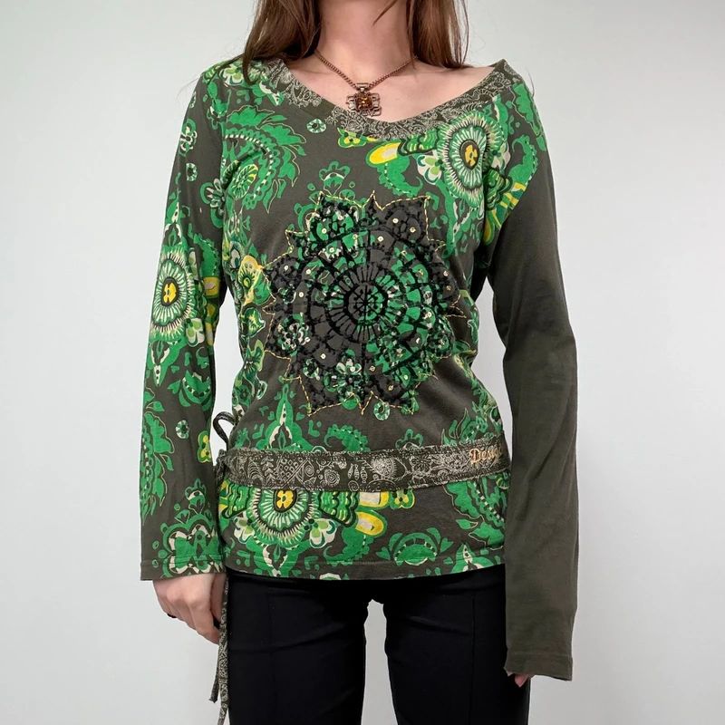 Khaki Paisley Boho Long Sleeve T-Shirt