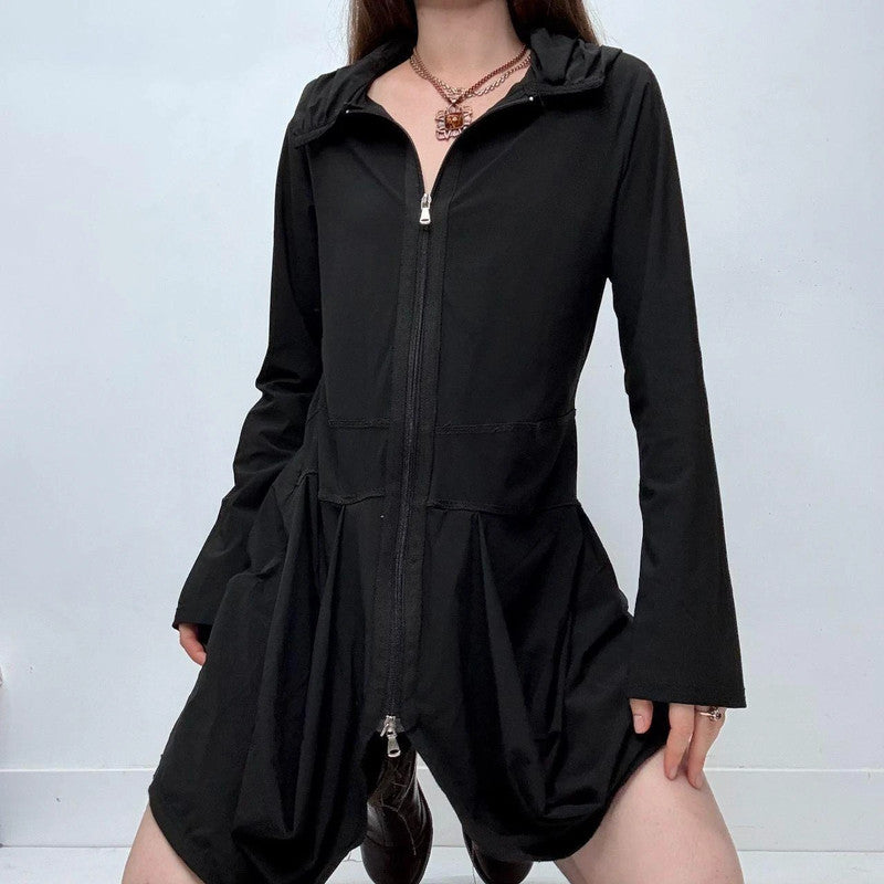 black gathered puff long sleeve dress