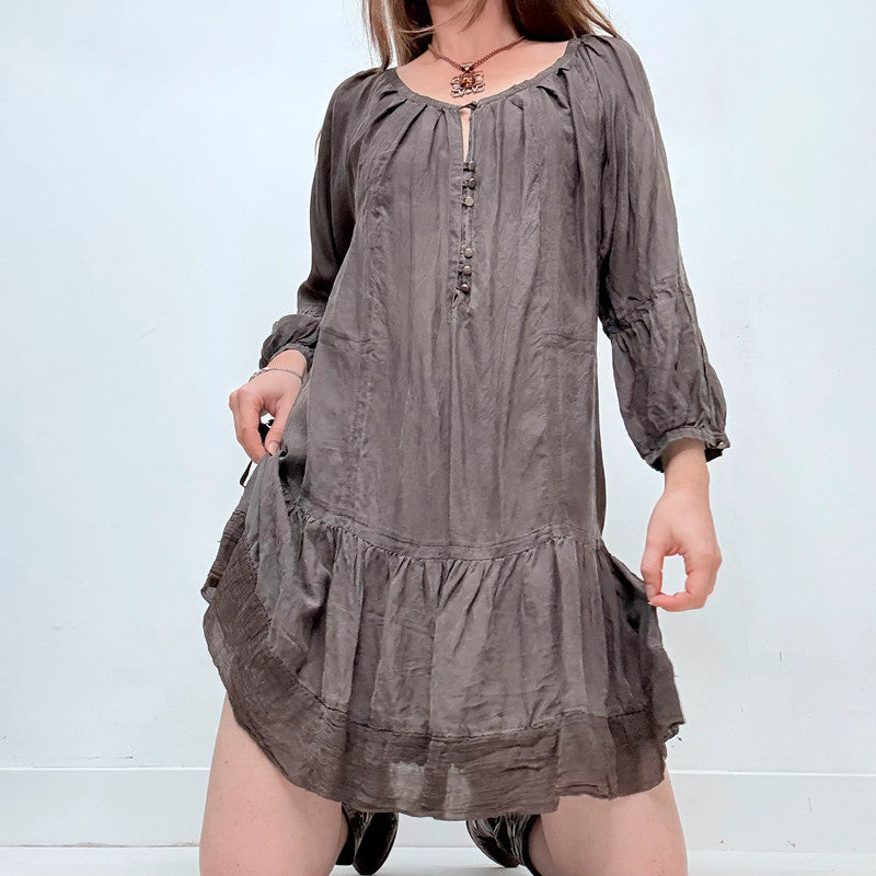 Grey silk pleated flared mini dress