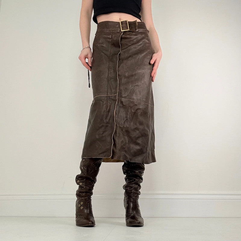 chocolate brown leather a-line midi skirt