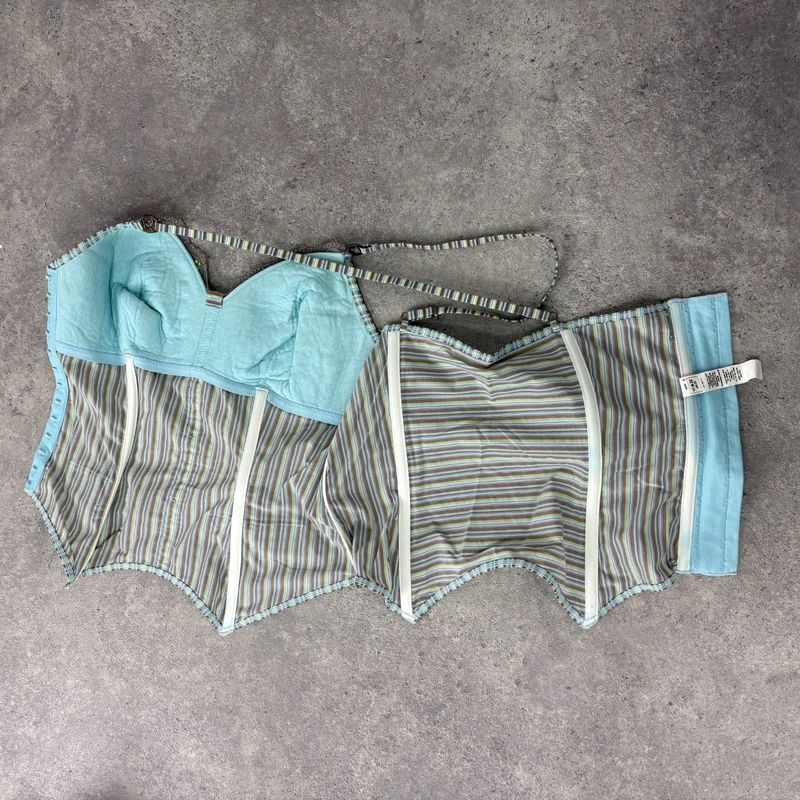 aqua blue fitted corset pinstripe fairy vest top