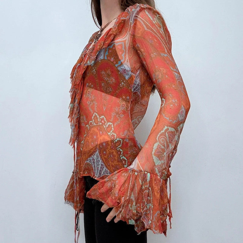 paisley sheer silk flared ruffle shirt