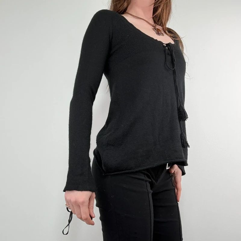 black flared cashmere silk blend long sleeve top