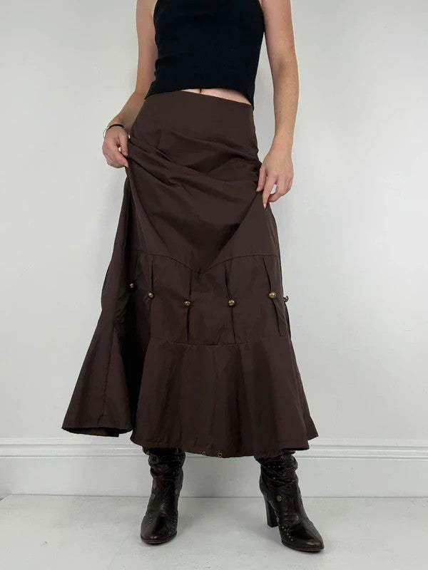 brown flared studded pleated maxi skirt