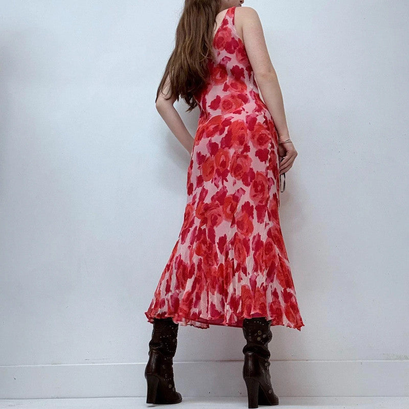 red floral rose silk bias cut maxi dress