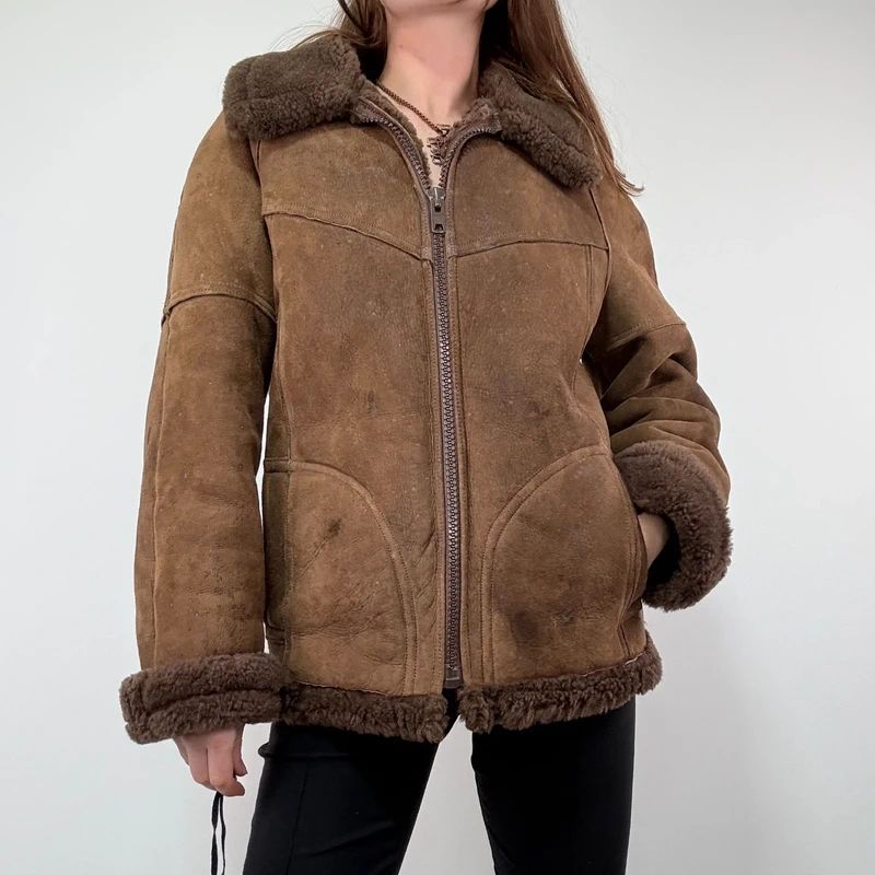 brown shearling aviator vintage jacket with zipper