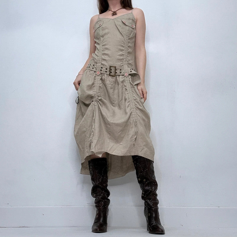 draped khaki belted grunge midi dress