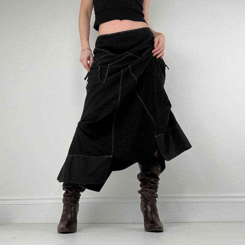panelled patchwork asymmetric black midi skirt