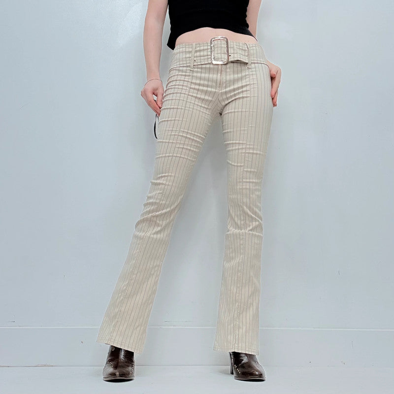 tan pinstripe buckle flared trousers
