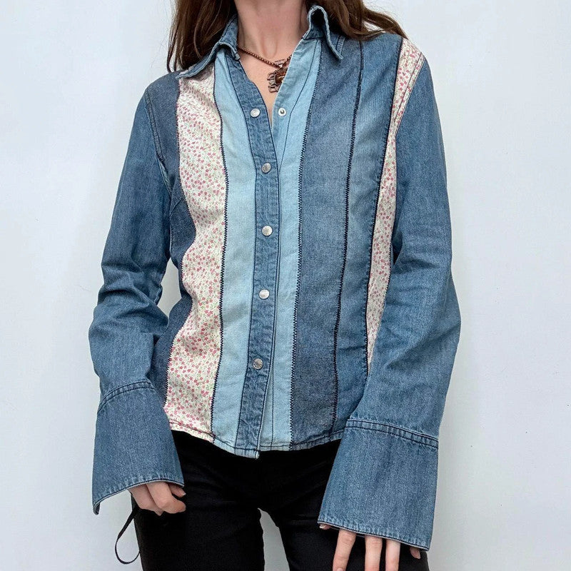 denim striped western floral shirt