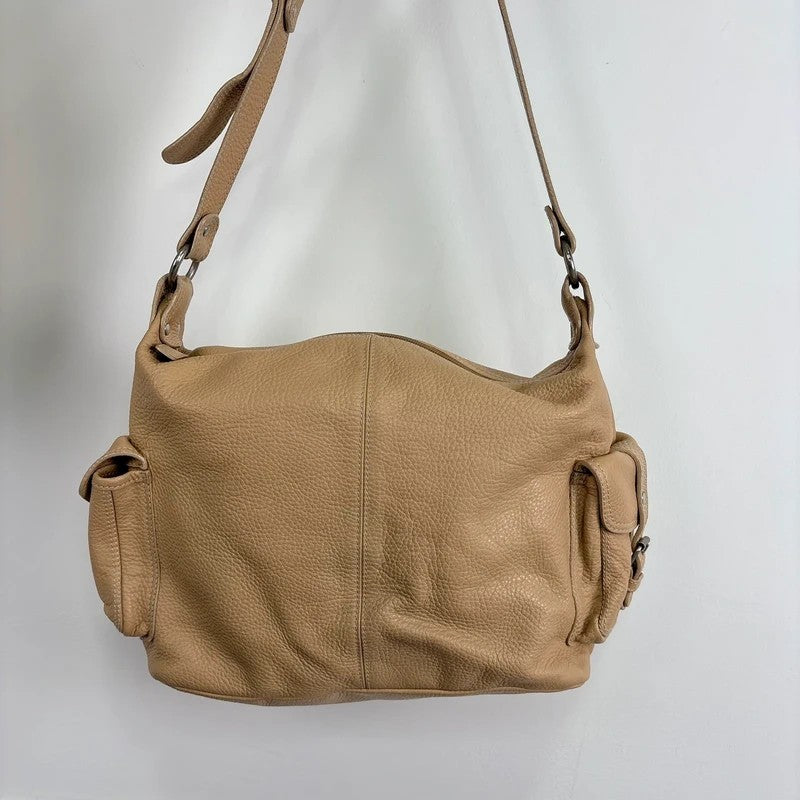 Slouchy cream leather cargo pocket satchel bag