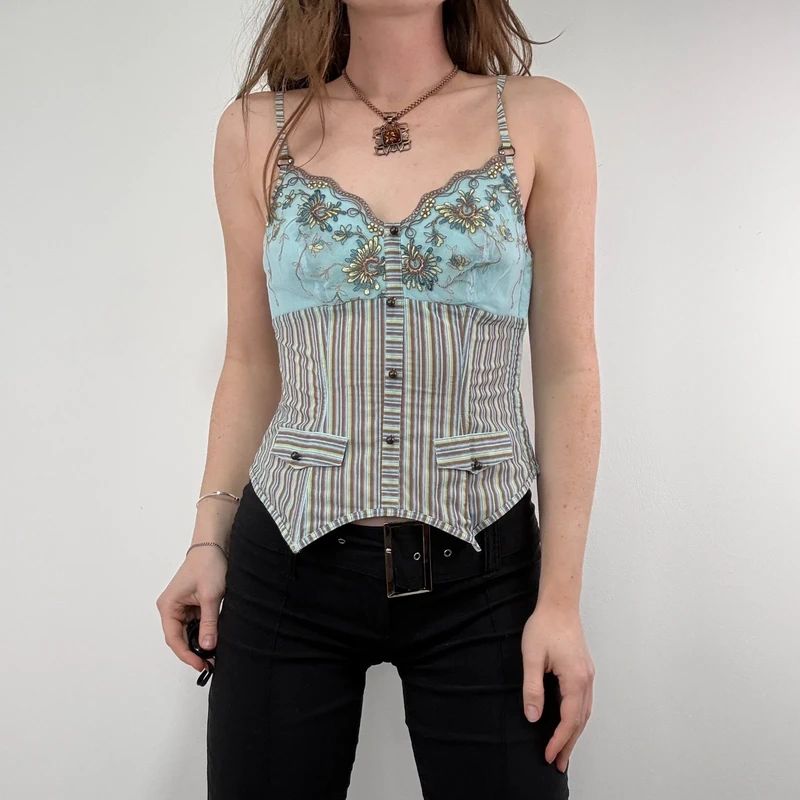 aqua blue fitted corset pinstripe fairy vest top
