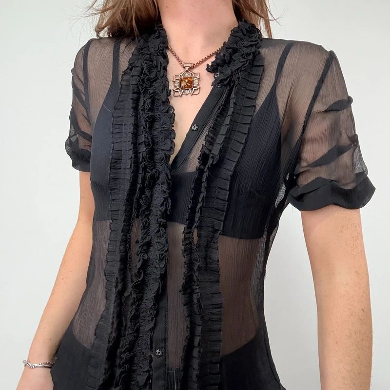black sheer silk ruffle shirt with short sleeves